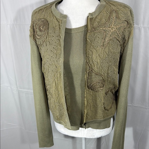 VINTAGE CARLISLE 100% SILK SAGE KNIT JACKET & TANK SET L - Picture 2 of 14